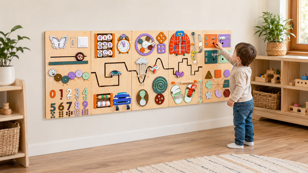 What is a busy board Toddler exploring the interactive elements of a busy board wall panel